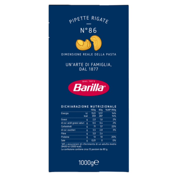 Barilla Pasta Pipette Rigate n.86 100% Grano Italiano 1Kg