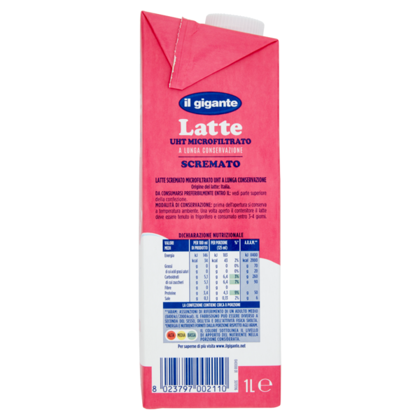 IL GIGANTE Latte UHT Microfiltrato a Lunga Conservazione Scremato 1 L