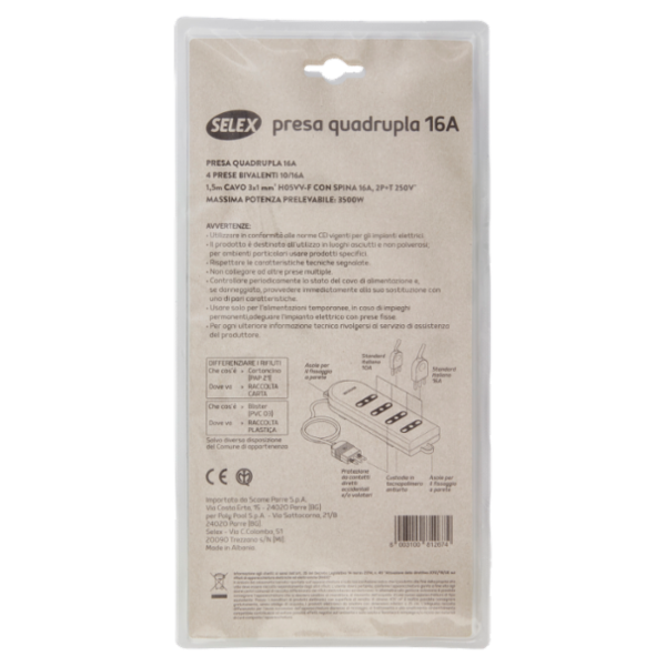 Selex Presa Multipla 4 Uscite 10/16A(Ita) + Spina 16A e Cavo Nero 1,5m
