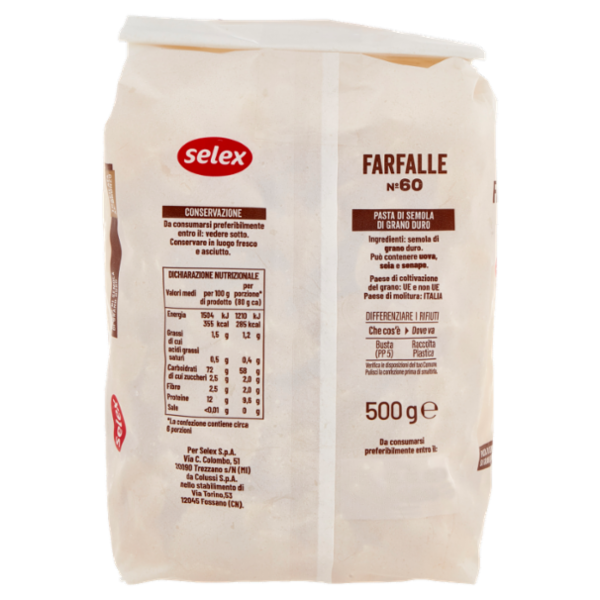Selex Pasta di Semola Trafilata al Bronzo Farfalle 500 g