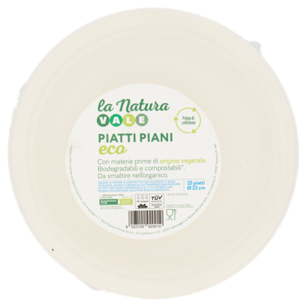 Vale La Natura Piatti Piani in Polpa di Cellulosa Biodegradabili e Compostabili 25 pezzi