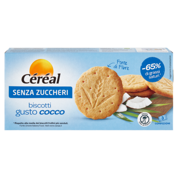 Céréal, Biscotti gusto Cocco, Senza Zuccheri, Fonte di Fibre, Senza Olio di Palma, 3 Pack - 132 g