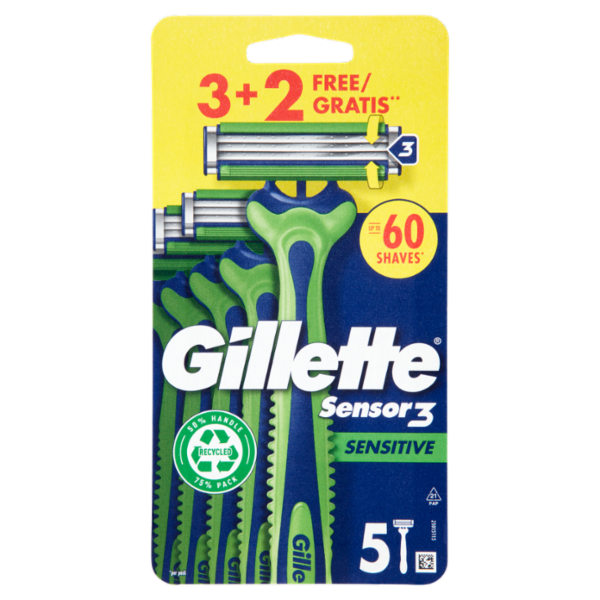 Gillette Sensor 3 Sensitive Rasoio da Uomo Usa e Getta, 3 Rasoi + 2 Gratis