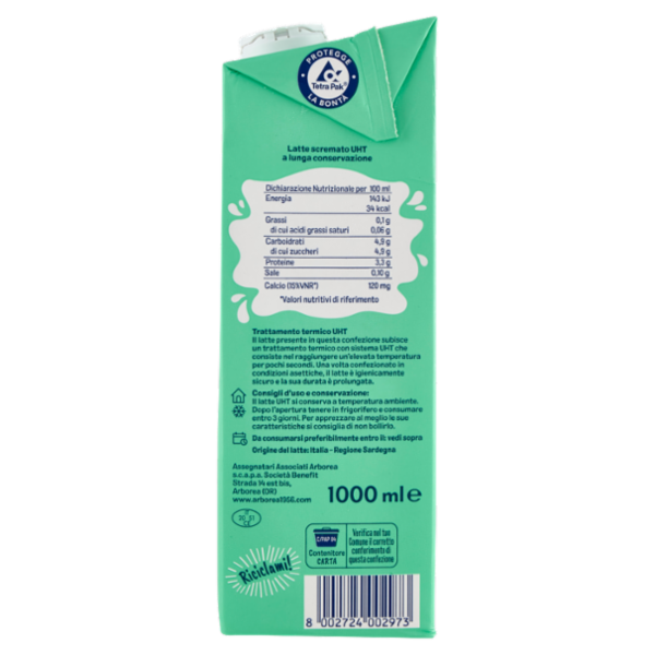 Arborea Latte Scremato UHT a Lunga Conservazione Senza Grassi 1000 ml