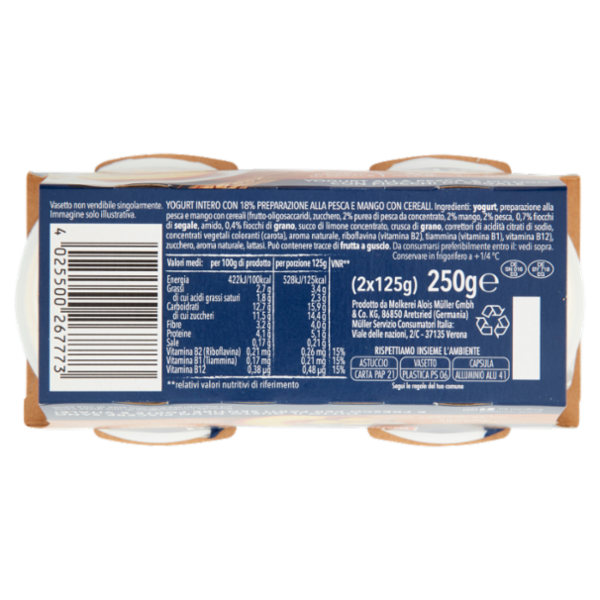 müller I feel good Fibre Yogurt alla Pesca & Mango con Fiocchi di Segale 2 x 125 g