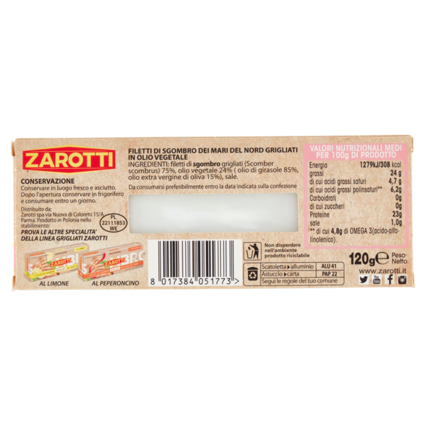 Zarotti Filetti di Sgombro Grigliati dei Mari del Nord in Olio Delicato 120 g