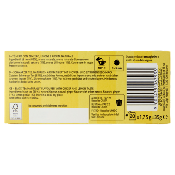 Sir Winston Tea Zenzero e Limone Tè Nero 20 x 1,75 g