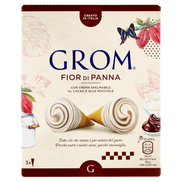 Grom Fior di Panna con Crema Spalmabile al Cacao e alle Nocciole 3 x 58 g