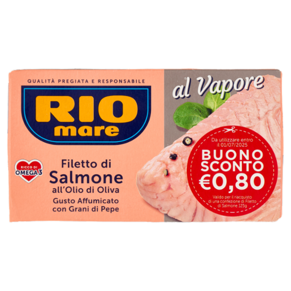 Rio mare Filetto di Salmone all'Olio di Oliva Gusto Affumicato con Grani di Pepe al Vapore 125 g