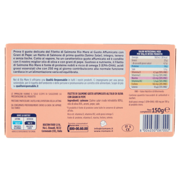 Rio mare Filetto di Salmone all'Olio di Oliva Gusto Affumicato con Grani di Pepe al Vapore 150 g