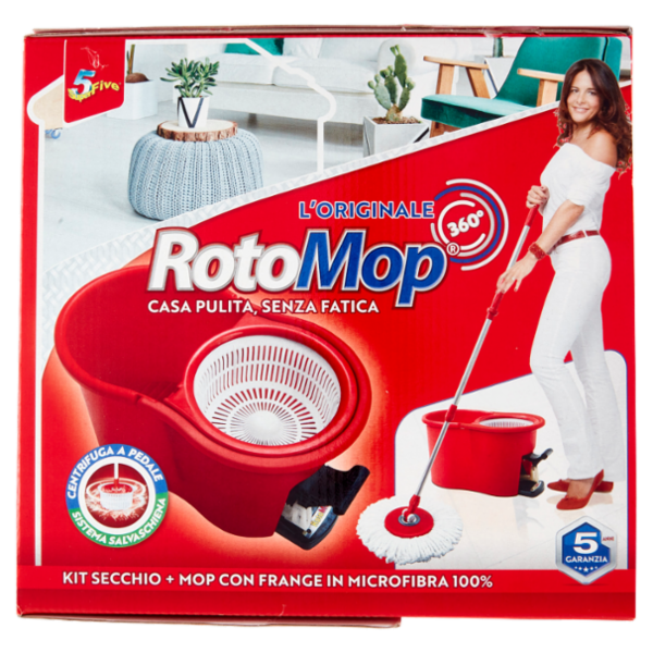 Super5 RotoMop 360° Kit Secchio + Mop con Frange in Microfibra 100%