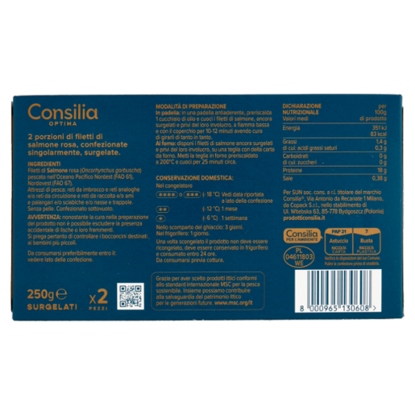 Consilia Scelte Premium Filetti di Salmone Selvaggio D'Alaska al Naturale Surgelati 2x125 g