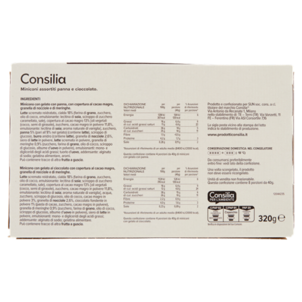 Consilia 8 Miniconi di Gelato Panna e Cioccolato 320 g