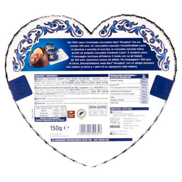 BACI PERUGINA Classico Cioccolatini fondenti ripieni al gianduia e nocciole scatola maxi cuore 150g