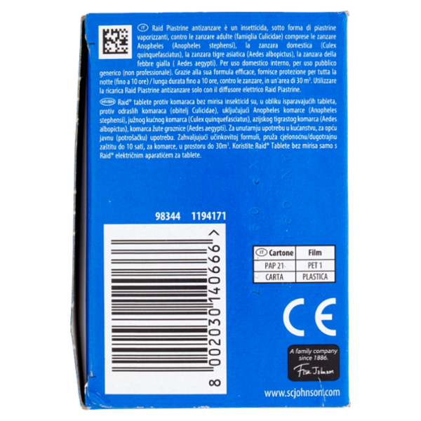 Raid Piastrine Antizanzare Comuni e Tigre, Azione prolungata,1 Diffusore + 10 Piastrine Ricarica