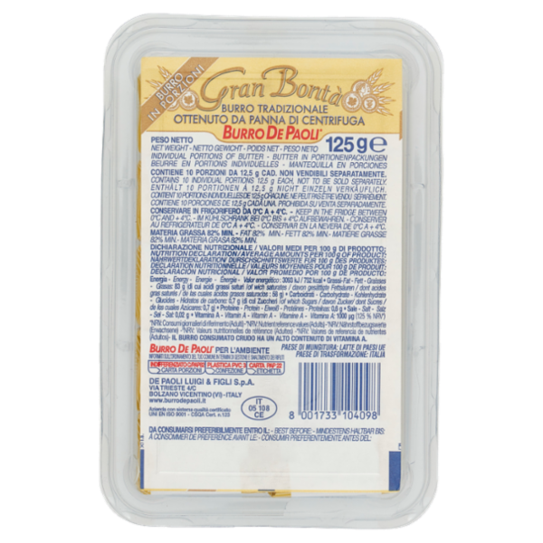 Burro De Paoli Gran Bontà Burro Tradizionale da Panna di Centrifuga 10 x 12,5 g