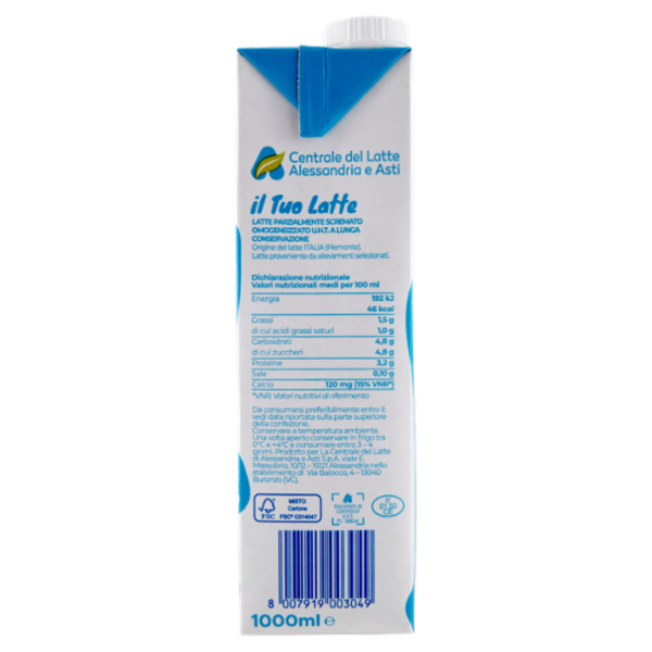 Centrale del Latte Alessandria e Asti il Tuo Latte Lunga Conservazione Parzialmente Scremato 1000 ml