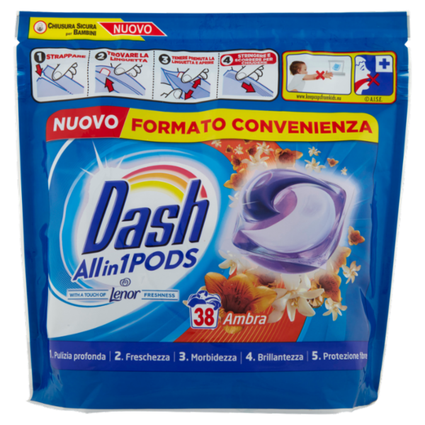 Dash PODS Allin1 Detersivo Lavatrice Capsule Bucato Touch of Lenor Profumo Ambra 38 Lavaggi 904,4 g