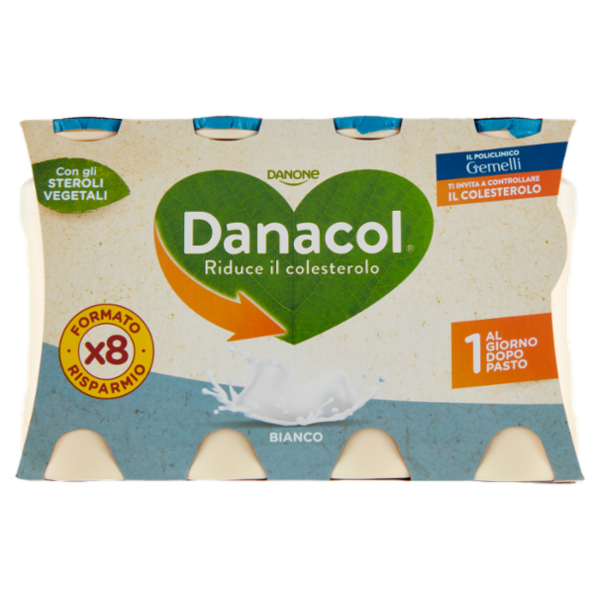 DANACOL Yogurt da bere, Riduce il Colesterolo grazie agli Steroli Vegetali, Bianco Naturale, 8x100g