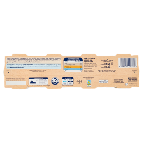 Rio mare Tonno all'Olio Extra Vergine di Oliva Biologico 4 x 65 g