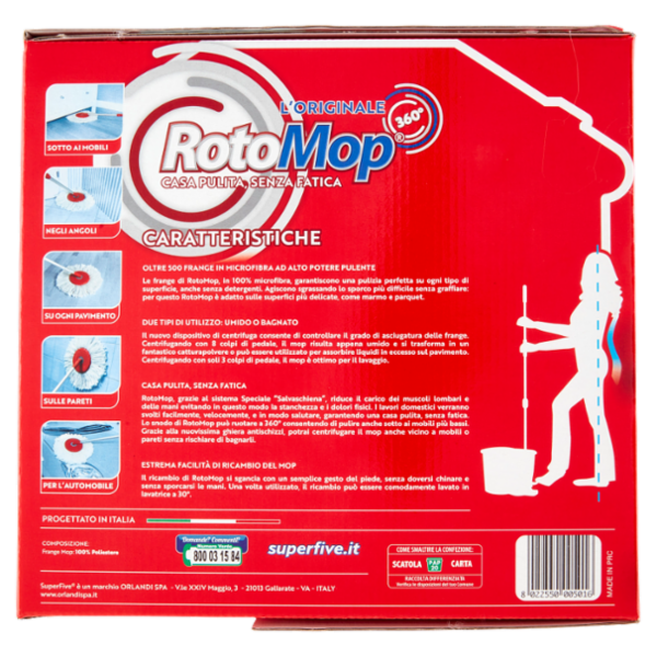 Super5 RotoMop 360° Kit Secchio + Mop con Frange in Microfibra 100%