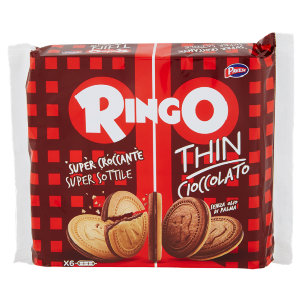 Ringo Thin Cioccolato Biscotti Sottili e Croccanti Farciti con Crema Cacao Snack Merenda 6 porz 234g