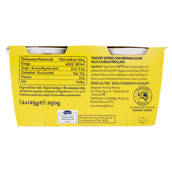 Arborea Yogurt Intero da Latte di Alta Qualità Ciliegia Frullata 2 x 125 g