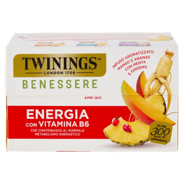 Twinings Benessere Energia Infuso Aromatizzato Mango e Ananas con Menta e Ginseng 18 x 1,5 g