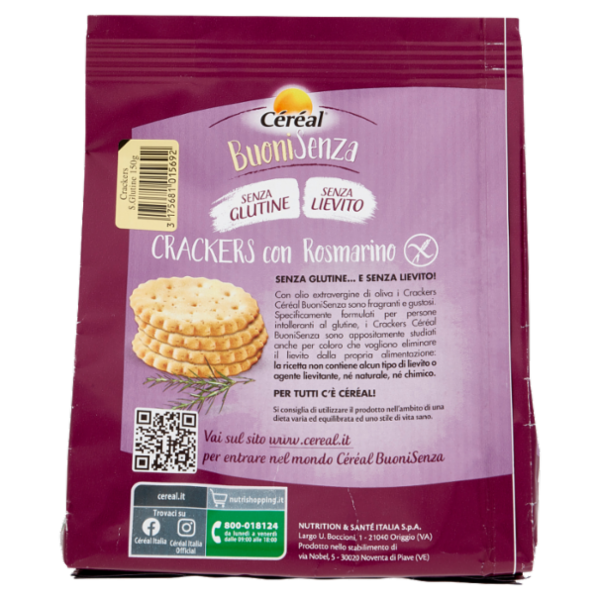 Céréal BuoniSenza Crackers con Rosmarino, Senza Glutine e Senza Lievito - 150 g