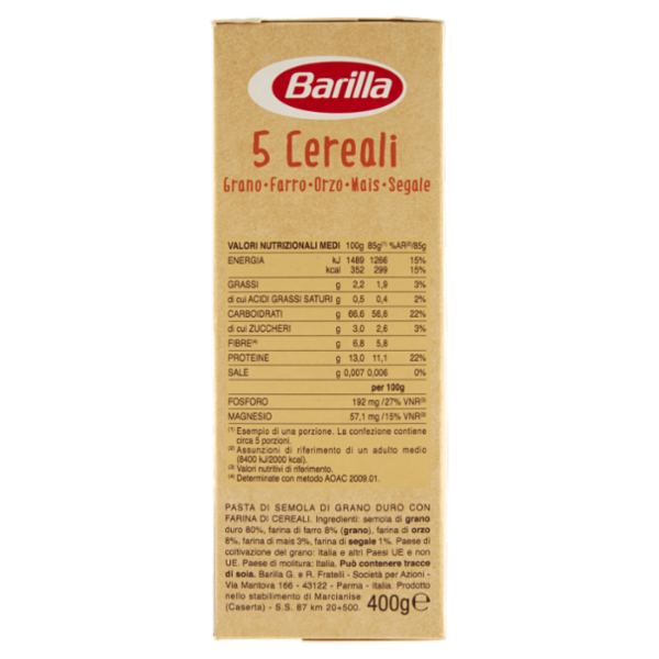 Barilla Pasta 5 Cereali Mezze Maniche Rigate Fonte di fibre 400 g
