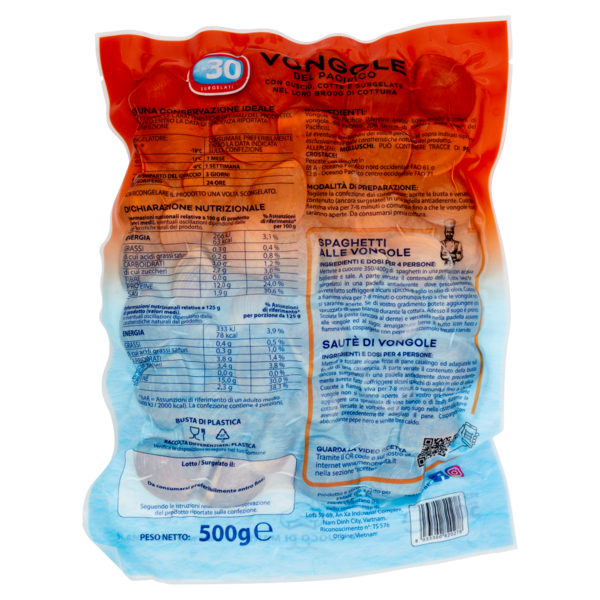Meno 30 il Cuoco di Mare Vongole del Pacifico con Guscio, Cotte e Surgelate 500 g