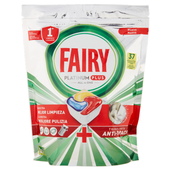 Fairy Platinum Plus Pastiglie Lavastoviglie 37 Caps, Detersivo Limone Anti-Opaco