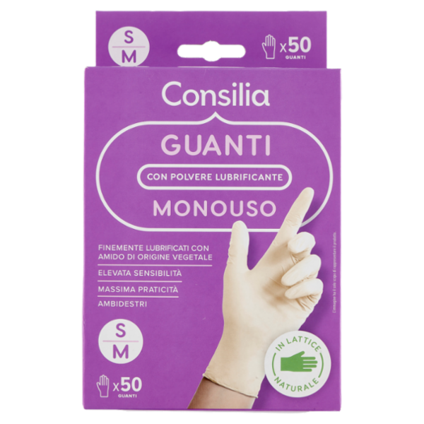 Consilia Guanti monouso in lattice naturale con polvere lubrificante Taglia S/M 50pz