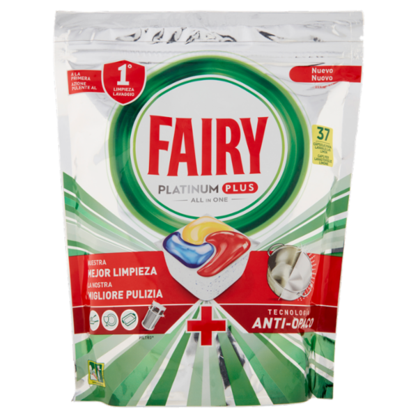 Fairy Platinum Plus Pastiglie Lavastoviglie 37 Caps, Detersivo Limone Anti-Opaco