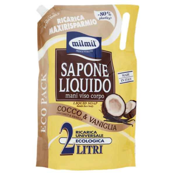 milmil Sapone Liquido Cocco & Vaniglia Ricarica Universale Ecologica 2 Litri