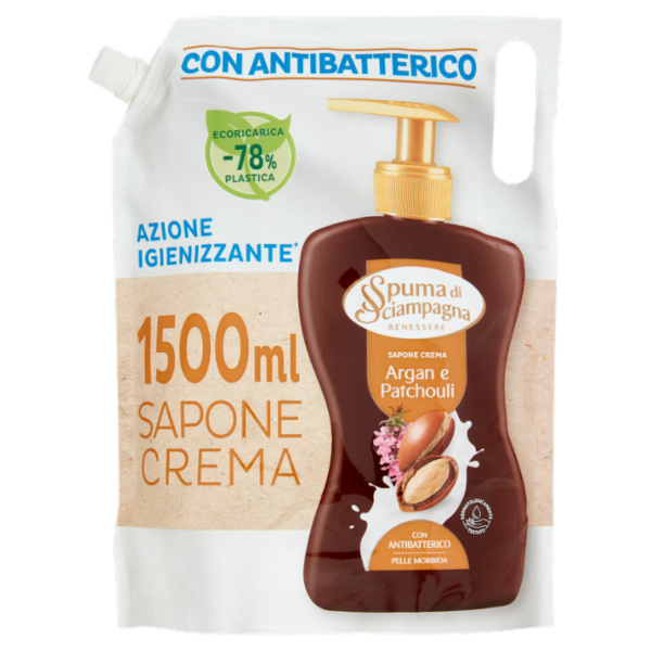 Spuma di Sciampagna Benessere Sapone Crema Argan e Patchouli Ecoricarica 1500 ml