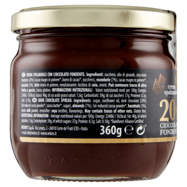 Witor's crema spalmabile 20% Cioccolato Fondente 360 g