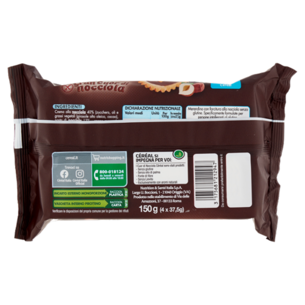 Céréal Senza Glutine Crostatine Gran Cuor di nocciola, senza olio di palma, 4 monodose x 37,5 g
