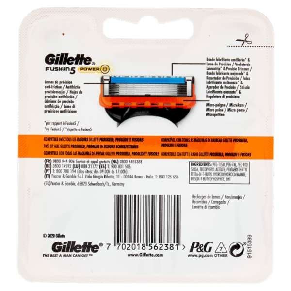 Gillette Lamette di Ricambio per Rasoio da Uomo Fusion5 Power, 4 Ricariche