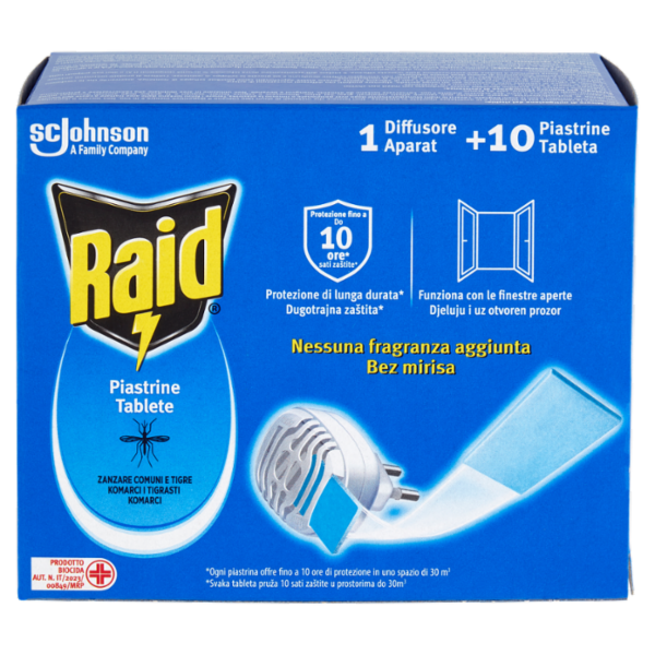 Raid Piastrine Antizanzare Comuni e Tigre, Azione prolungata,1 Diffusore + 10 Piastrine Ricarica
