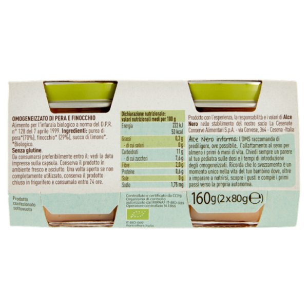 alce nero Omogeneizzato di Pera e Finocchio 2 x 80 g