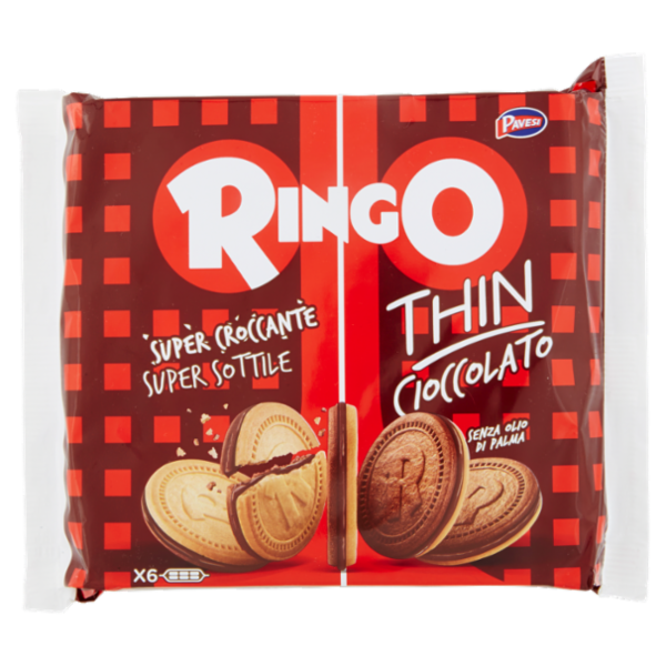 Ringo Thin Cioccolato Biscotti Sottili e Croccanti Farciti con Crema Cacao Snack Merenda 6 porz 234g