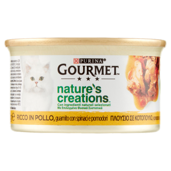 PURINA GOURMET Nature's Creations Ricco in Pollo guarnito con spinaci e pomodori 85g