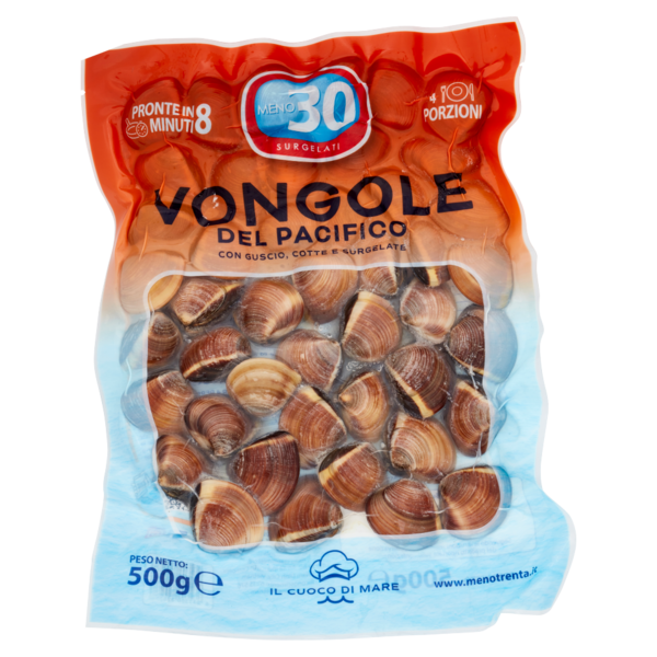 Meno 30 il Cuoco di Mare Vongole del Pacifico con Guscio, Cotte e Surgelate 500 g