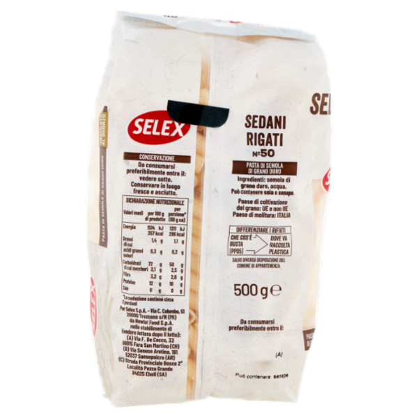 Selex Pasta di Semola Trafilata al Bronzo Sedani Rigati 500 g