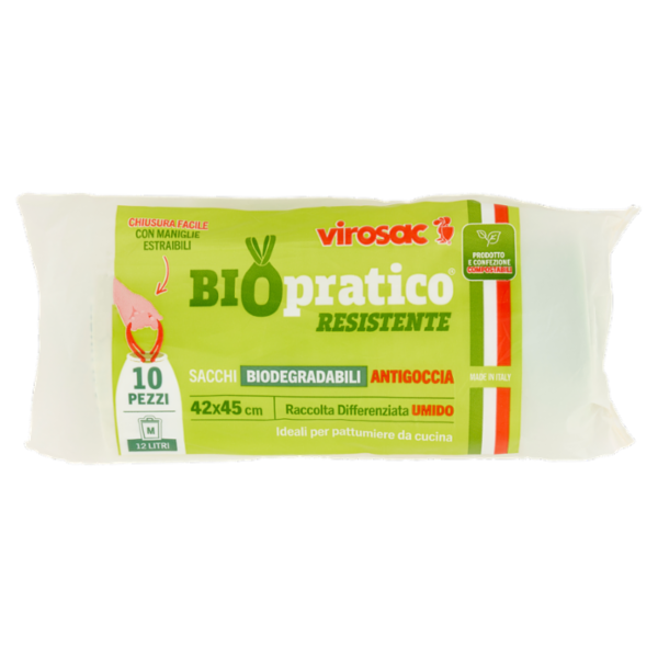 virosac Biopratico Resistente Sacchi Biodegradabili Antigoccia 42x45 cm 12 Litri M 10 pz