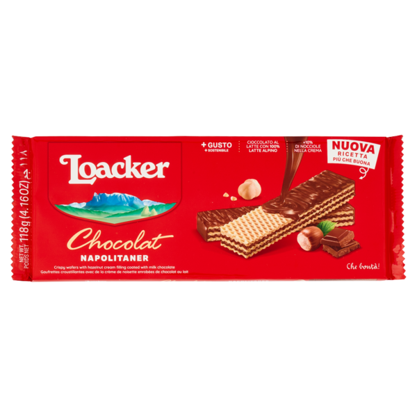 Loacker Wafer Chocolat ricoperti cioccolato al latte con crema alla nocciola Napolitaner wafers 118g