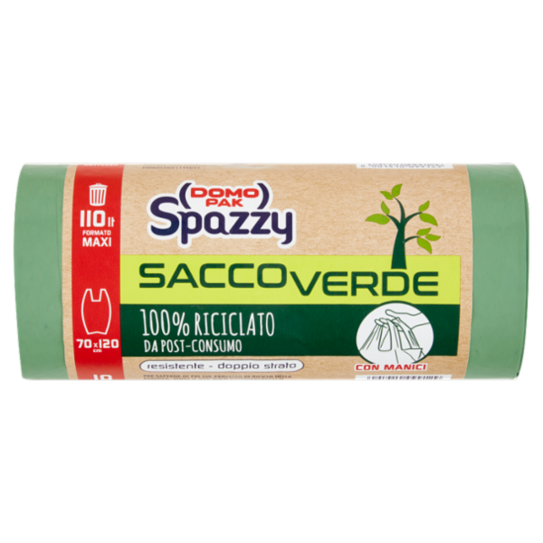 Domopak Spazzy Sacco Verde 100% Riciclato da Post-Consumo con Manici 110 lt 70x120 cm 10 pz