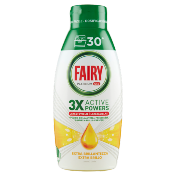 Fairy Gel Lavastoviglie Platinum Extra Brillantezza Detersivo Piatti Profumo Limone 30 Lavaggi 600ml
