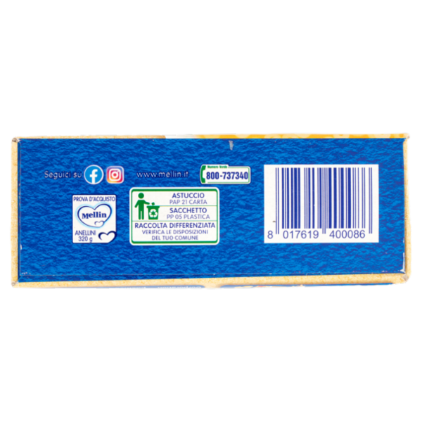 MELLIN Pastina 100% Naturale Anellini con farina Grano Tenero 320 g